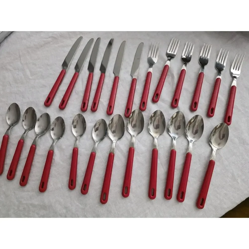 Vintage Stainless Red Hanging Flatware Set 24pc w Caddy Retro MCM Thailand